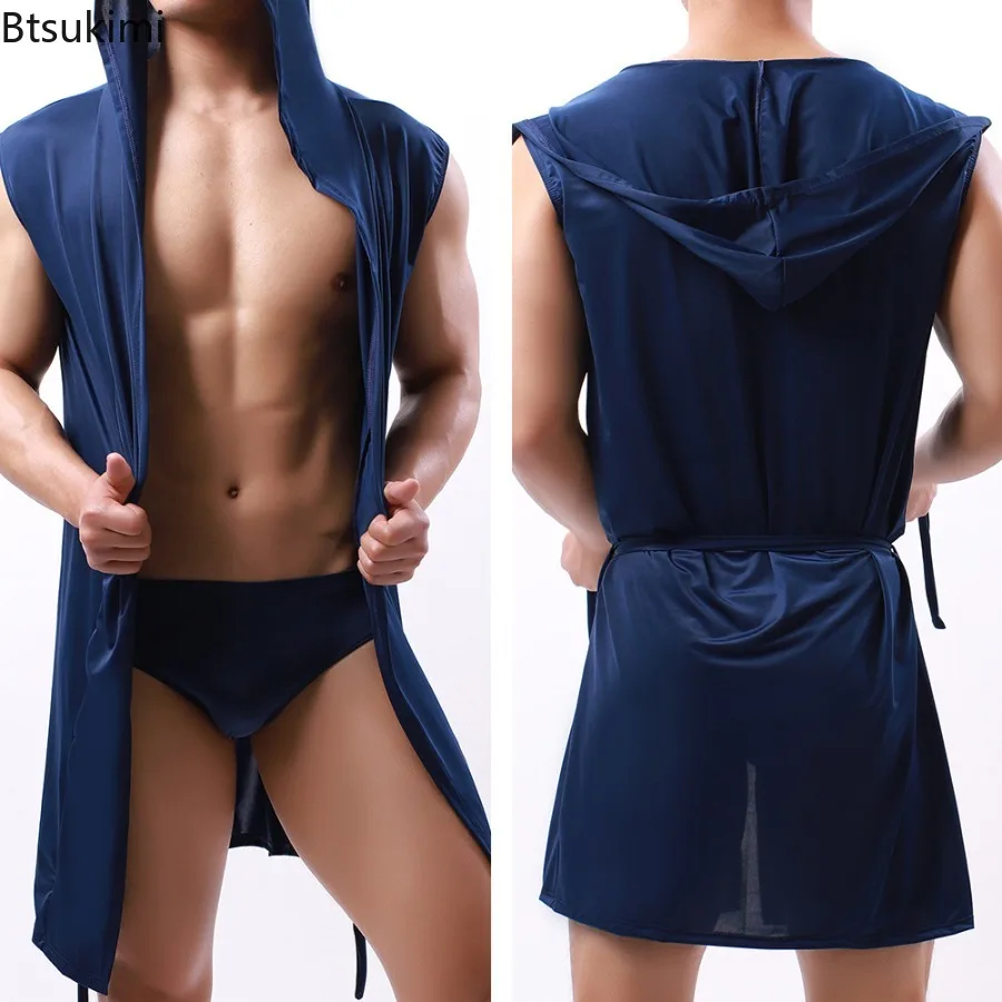 Men's Home Bathrobe Sleeveless Silk Smooth Male Hooded Bathrobe Pajama Comfortable Ultra-thin Bathrobe Lingerie Loose Underwear