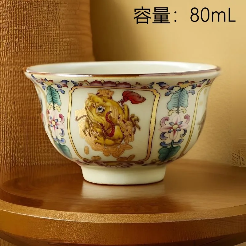 80ml Ru Kiln Fortune Hand-Fitting Teacup, Crackle Glaze Porcelain Cup for Master Guest, Home Personal Tea Drinking