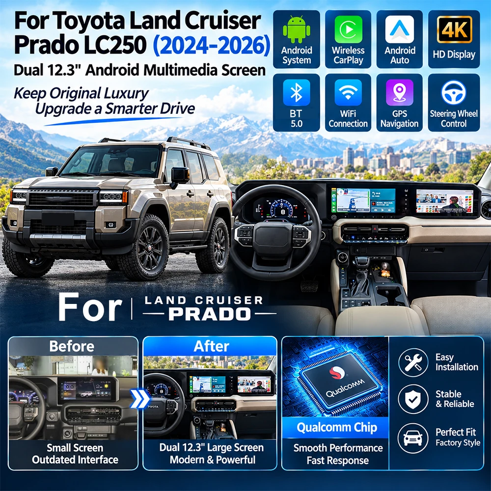 Dual 12.3 Inch Car Radio Screen For Toyota Land Cruiser Prado 2024-2026 Qualcomm Android13 CarPlay Android Atuo Head Unit