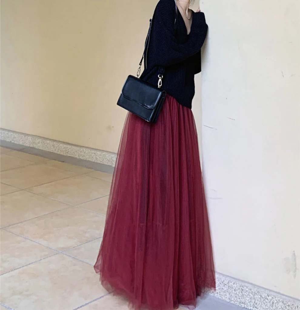 Women Midi Tulle Skirts High Waist Layered Solid Color Flowy A-line Long Tutu Skirts