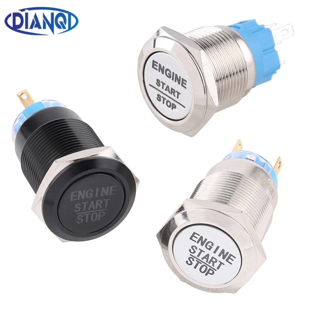 Engine Start Switch Metal Button Start Stop Switch with LED Light 19mm Waterproof Car Engine Power Switch 12V