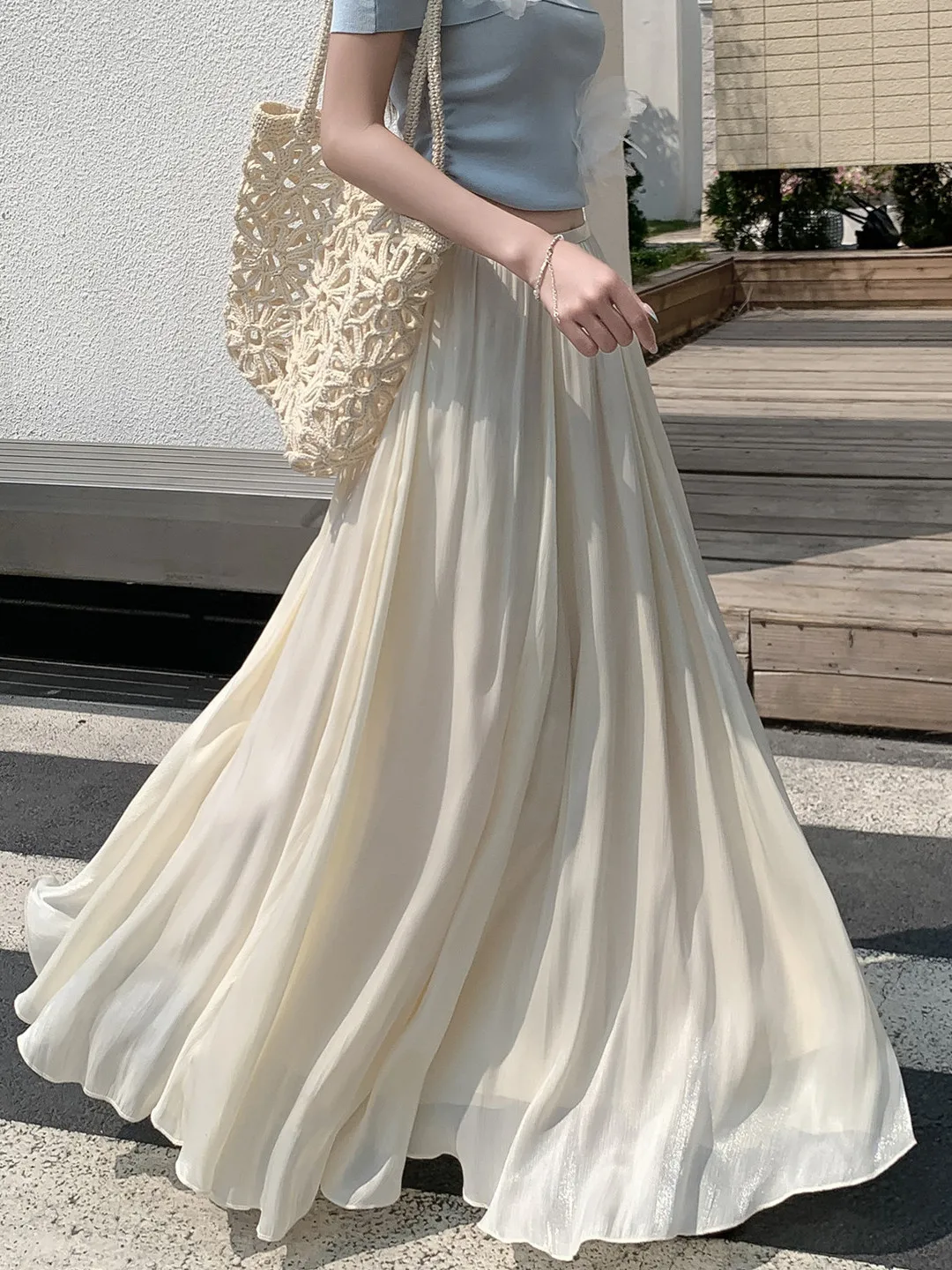 

Элегантная юбка А-силуэта с завышенной талией, струящаяся, в корейском стиле, для повседневной носки, из полиэстера, имитирующего шелк