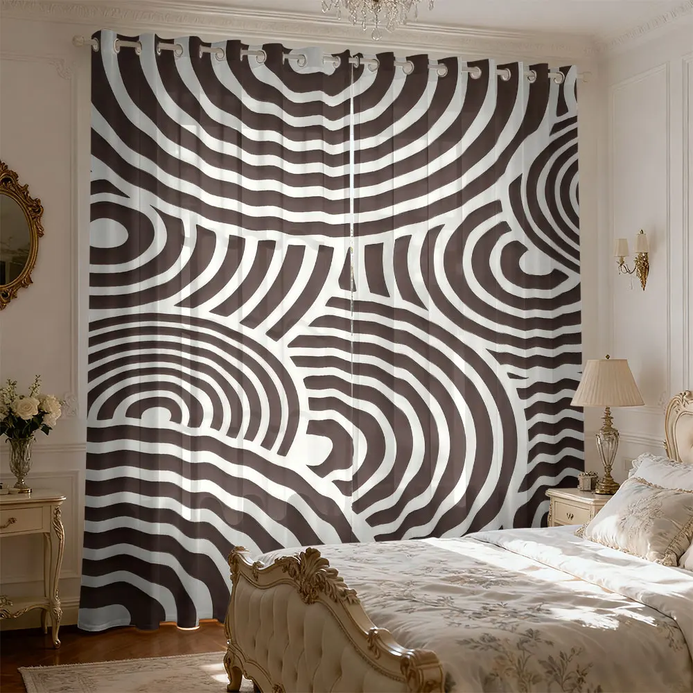 2pcs Brown White Spiral Geometric Print Curtains With Holes Double Sided For Living Room Bedroom Light Blocking Home Decor