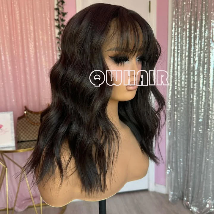 QW Synthetic Hair Dark Brown Bangs Body Wave Soft 13X4 Lace Front Wig For Women Hair Heat Resistant Fiber Cosplay  Daily