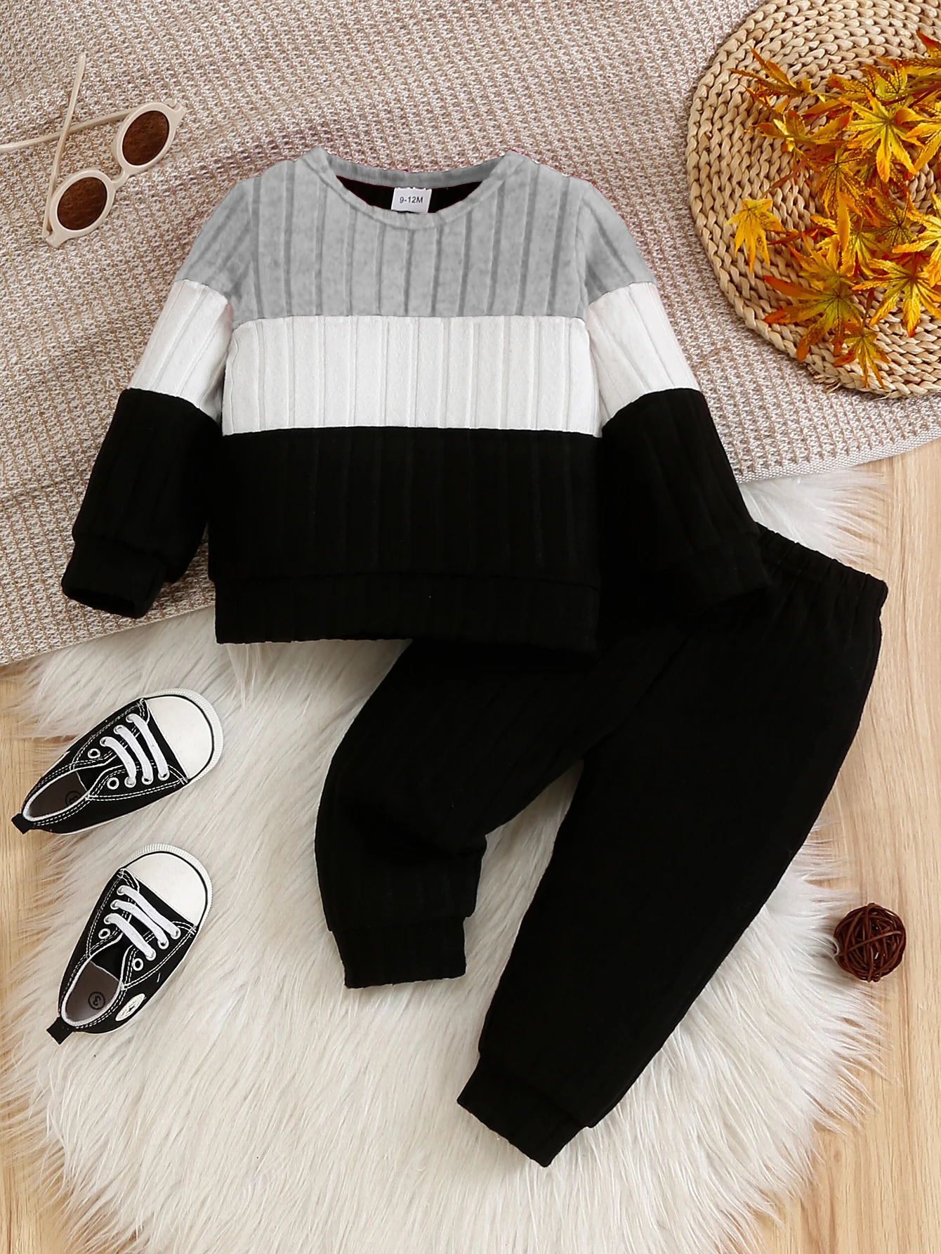 2Pcs Baby Color Block Ribbed Outfit Set, Crew Neck Top & Cuffed Pants, Soft Knit For 0‑18M