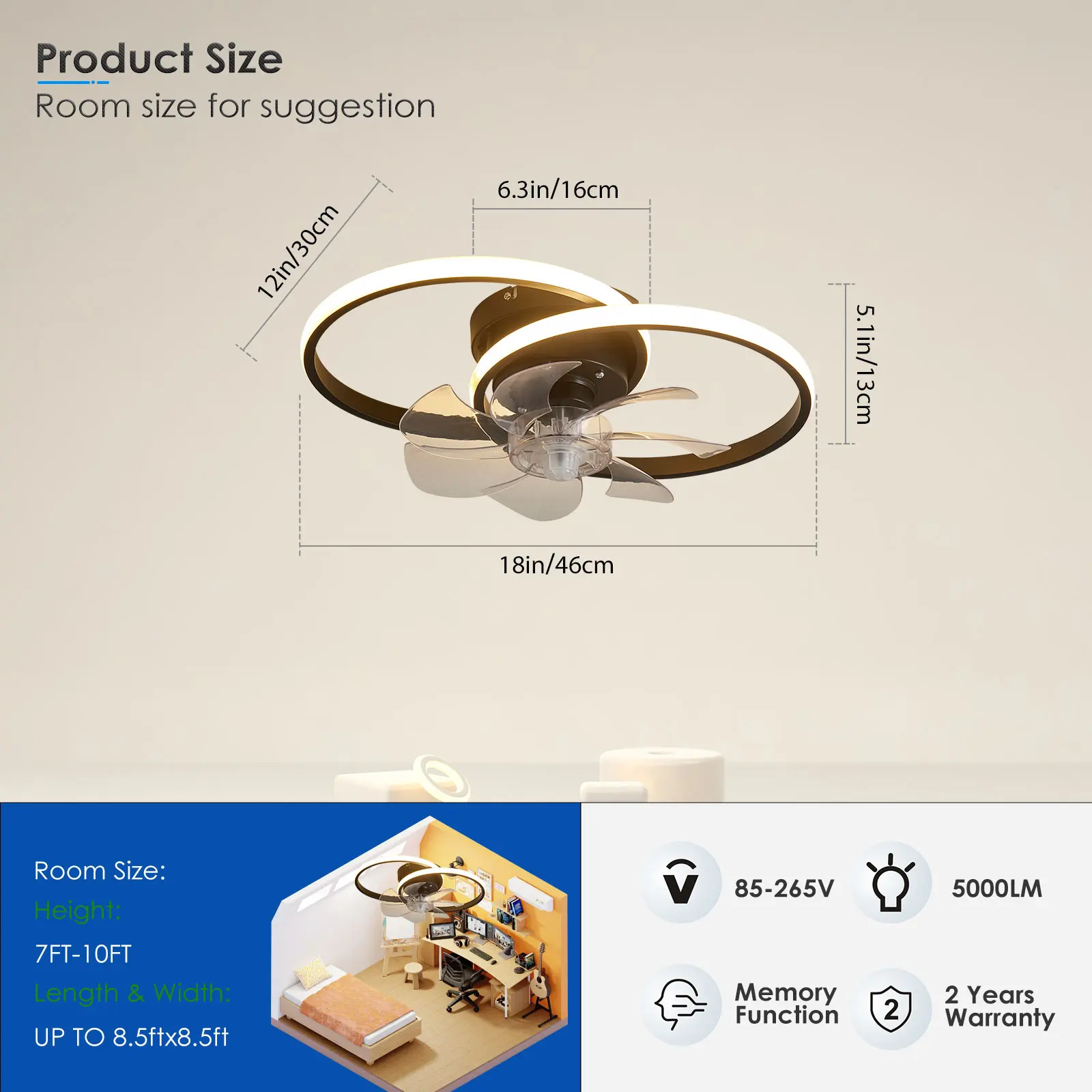 18inch/46CM Ceiling Fan with LED Light Smart APP + Remote Control DC motor for Kitchen Bedroom Dining room Round Circle Fan Lamp