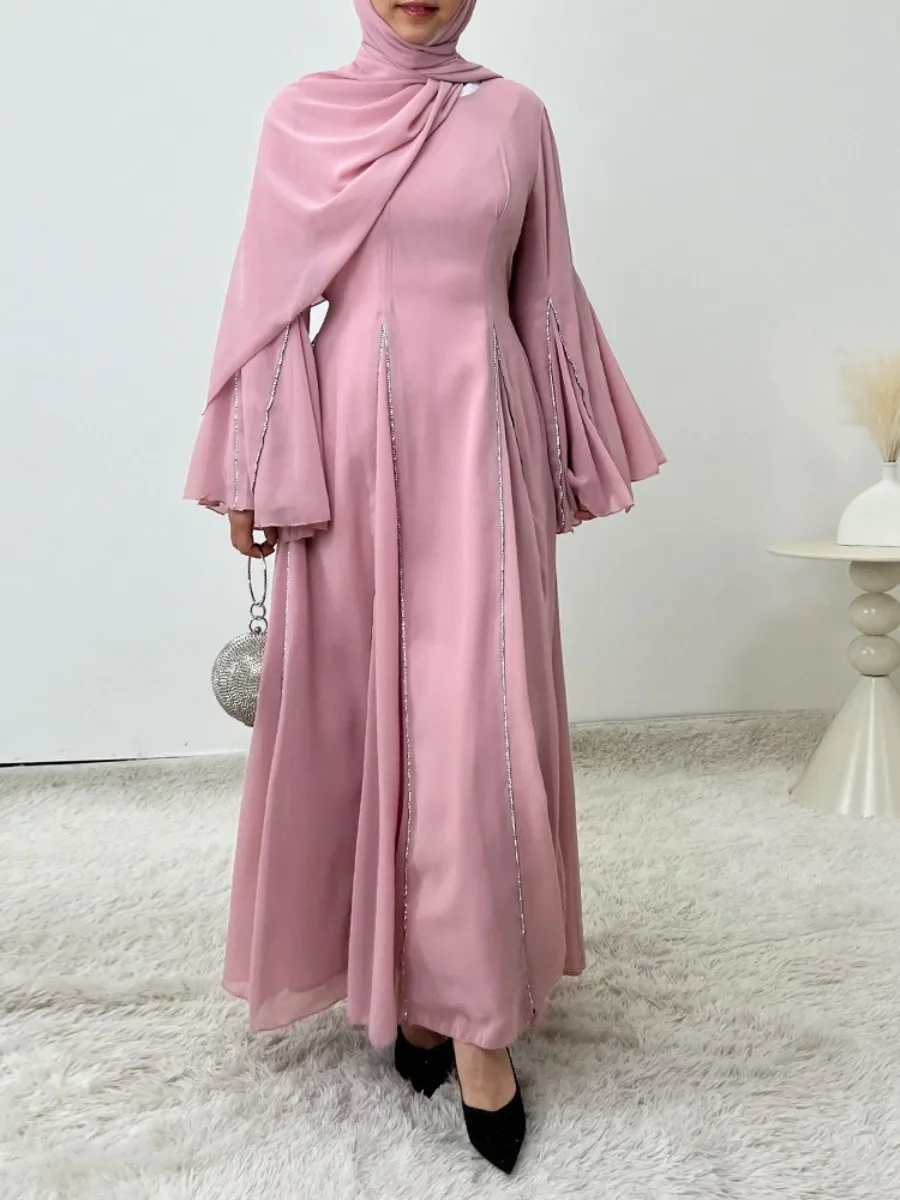 Eid Abito da donna Musulmano in chiffon Abaya Manica svasata Party Jalabiya Ramadan Abiti Largos Caftano Arabo Abito lungo Marocco Caftano