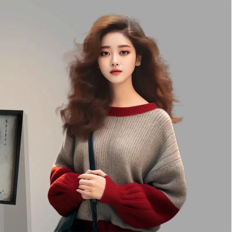 

Korean Style Color Block Sweater Women's Autumn and Winter Lazy Style Round Neck Sweater Long-sleeved Top