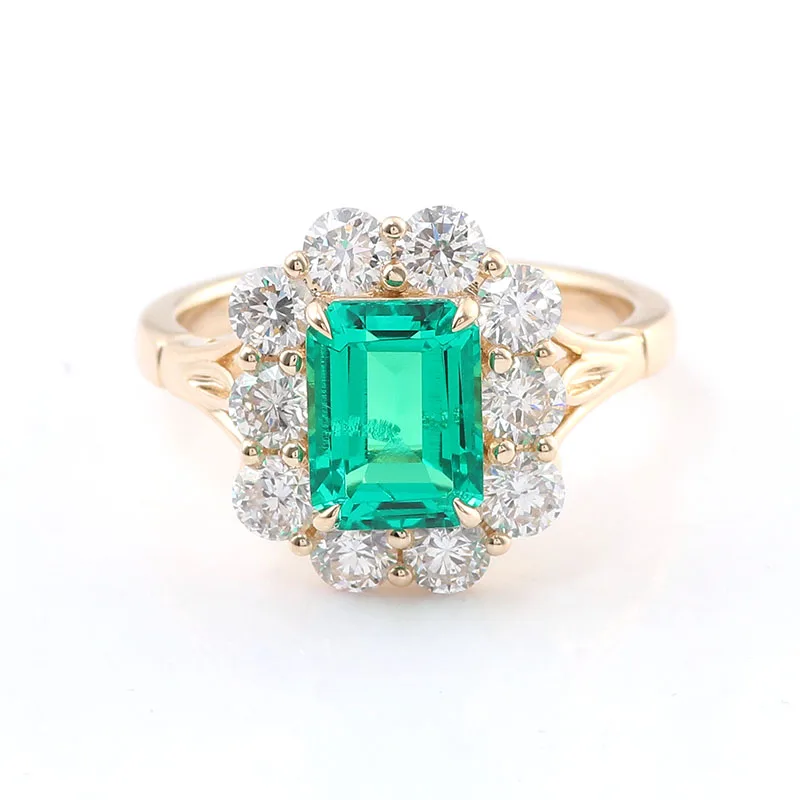 

Provence 18K/14K/10K Solid Gold Emerald Cut Lab Grown Colombian With DEF VVS Round Moissanite Trendy Design Ring Customized Gift