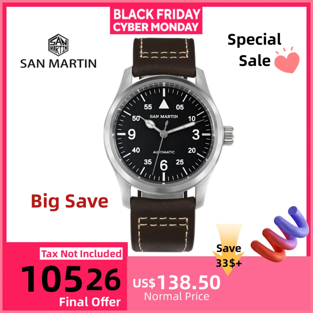 

San Martin 37 мм часы-пилот для мужчин 8215 ретро механические наручные часы военные часы автоматические водонепроницаемые 10 бар BGW9 SN0034B-1