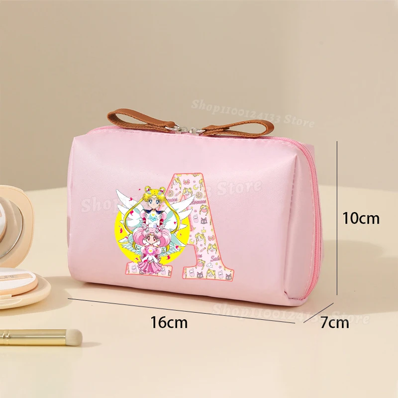 Sailor Moons Women's Cosmetic Case Letters A-Z Anime Cartoon Printed Girl Student Female Office Portable Coin Makeup Storage Bag