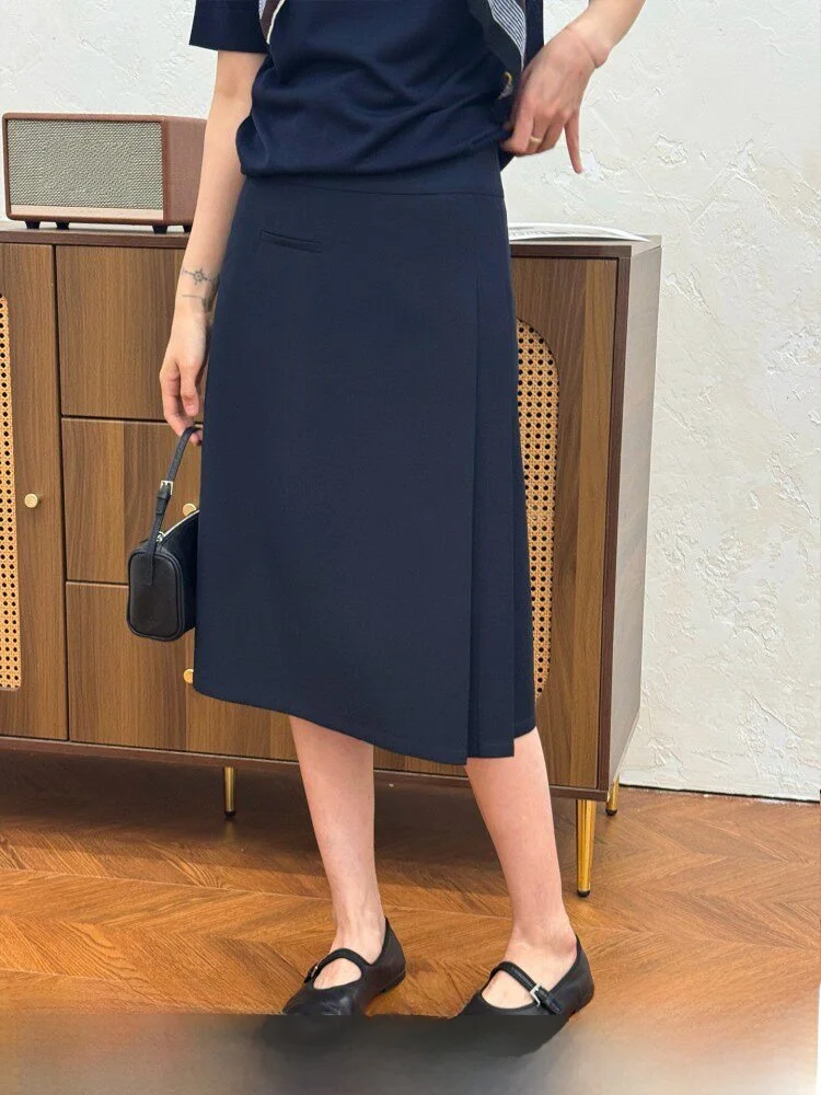 

Black Woolen Asymmetrical Slit Suit Skirt Elegant Simple Style Women's High Waist A-Line Skirt for Summer 2026