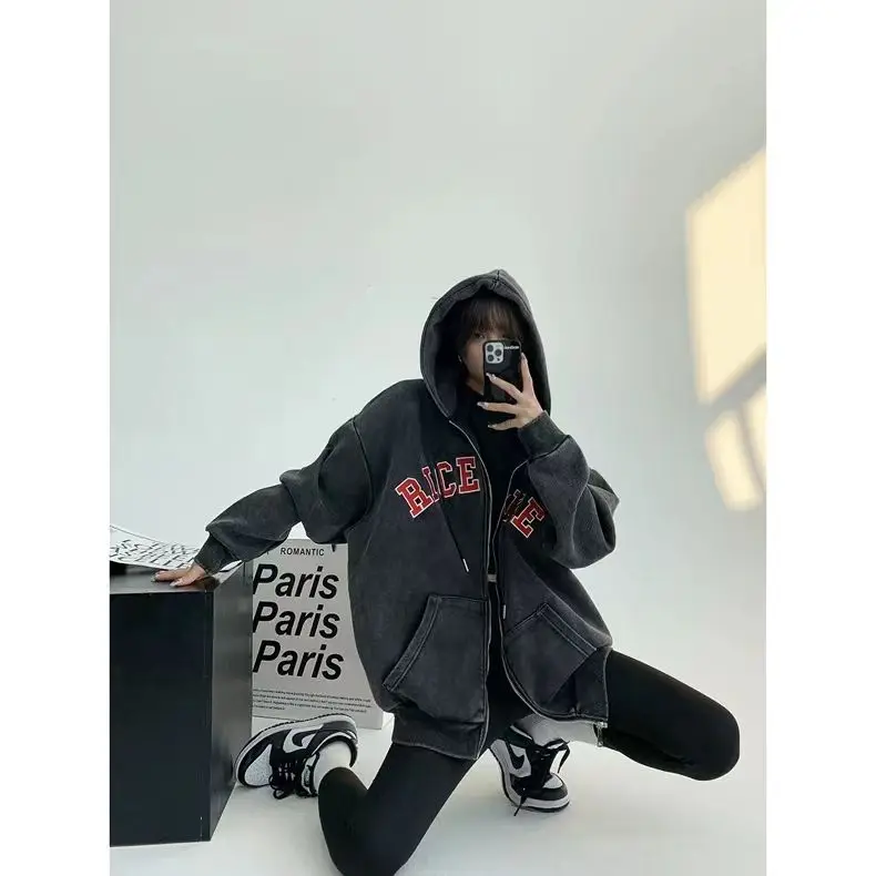 

Hooded Jackets Women Men American Retro Washed Design Loose Hoodies Couples Simple Printed Cardigan Hooded Coats 2025 New In