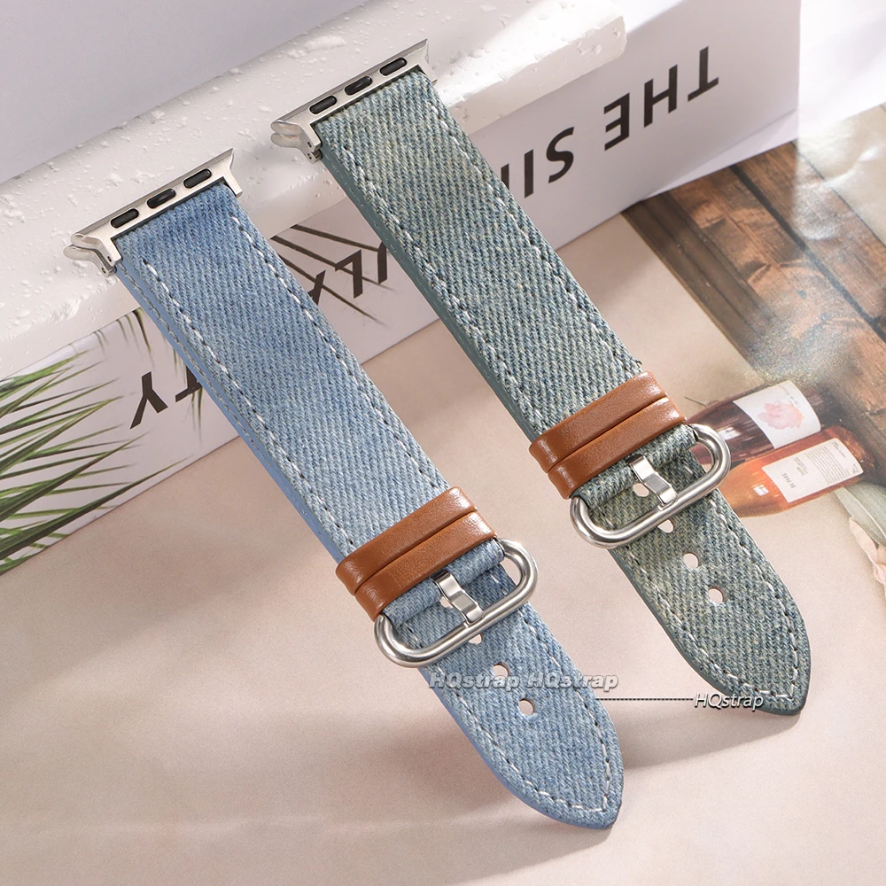 Sailcloth Denim Watch Strap for IWatch Series 10 9 8 7 SE 6 5 Cowhide Watch Band for Apple Watch 38mm 40 41mm 42mm 44mm 45 49mm
