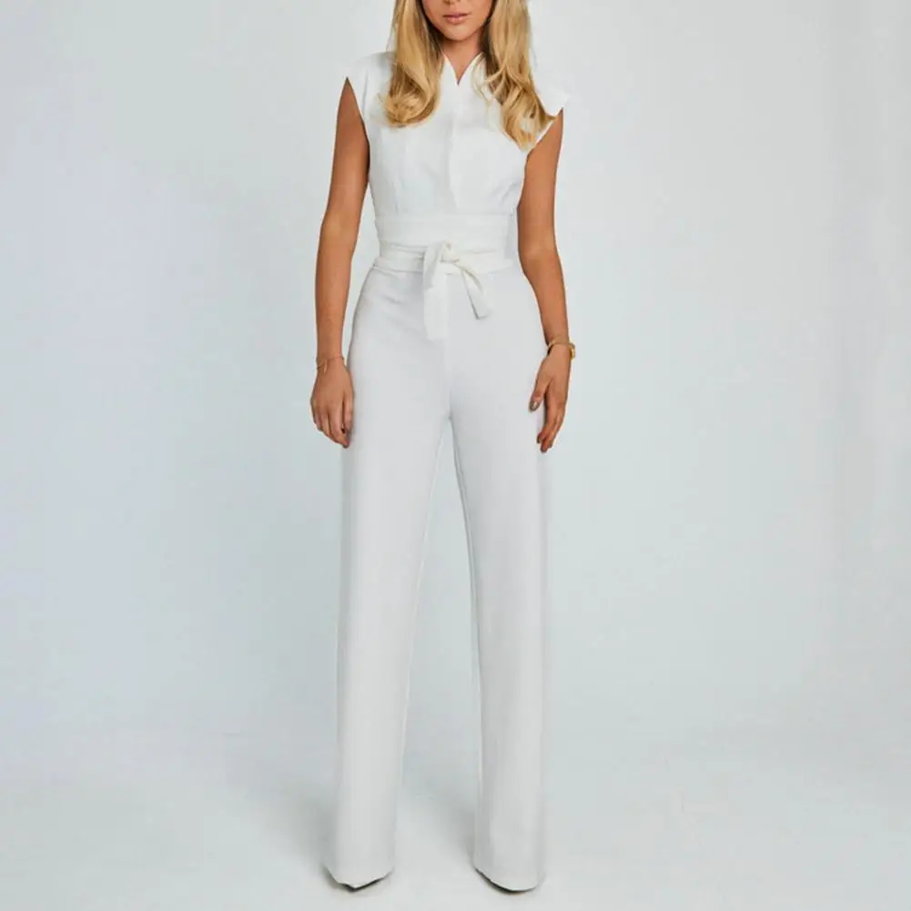 Women Jumpsuit Summer V-neck Sleeveless High Waist Belt Straight Wide Leg Office Lady Long Romper Workwear monos para mujer