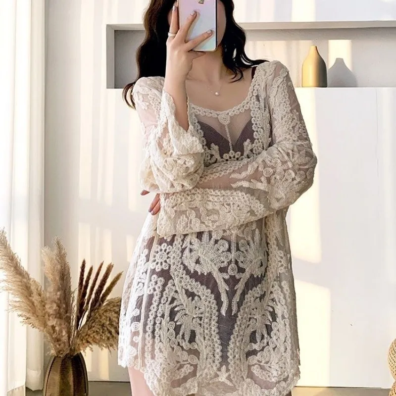 Y2k Sun Protection Long Sleeves T-shirt Embroidered Lightweight Sheer Top Women Cover-up Shirt Beach Vacation Harajuku T-shirts