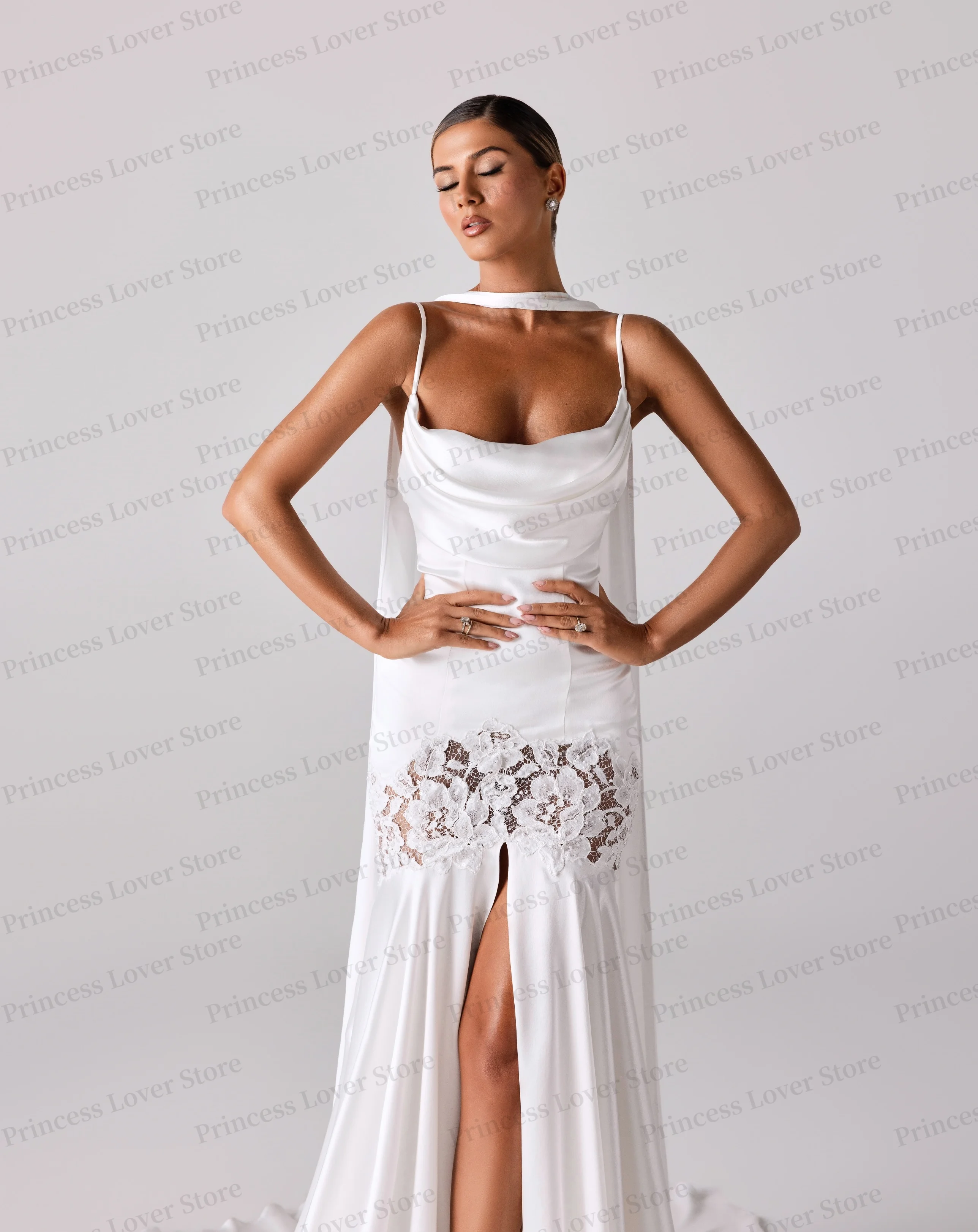 White Satin Slit Wedding Dresses Spaghetti Straps Lace Bridal Gown with Slit Scarf Elegant Party robe de mariée Customized