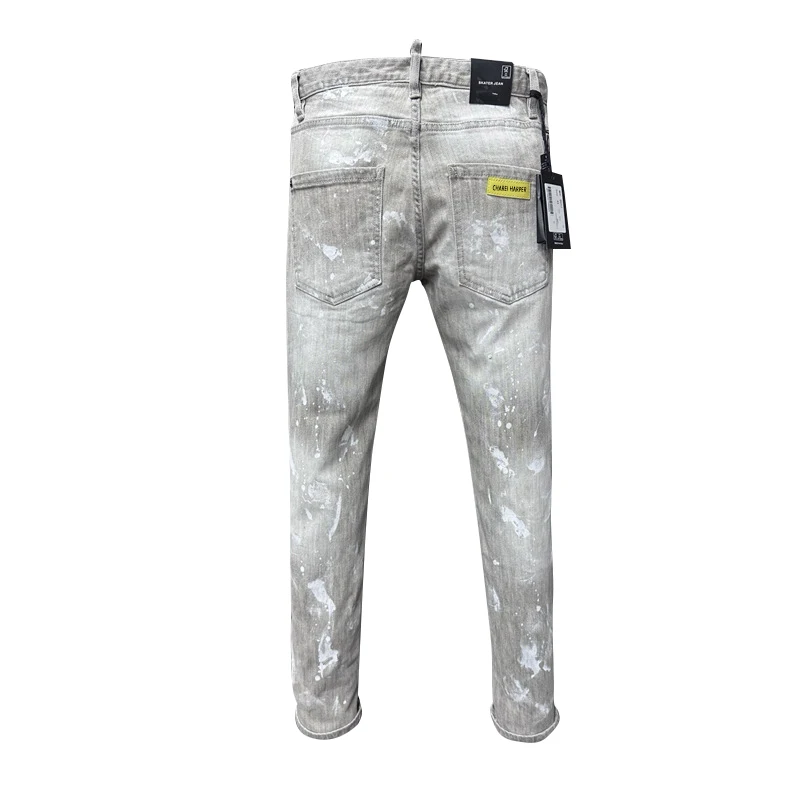 CHFlai-HARSIE Pollq Jeans for Men, Linerature Paint Spot Holes, Ground White Jeans, Slim Straight Foot Denim, New Pants, 9917