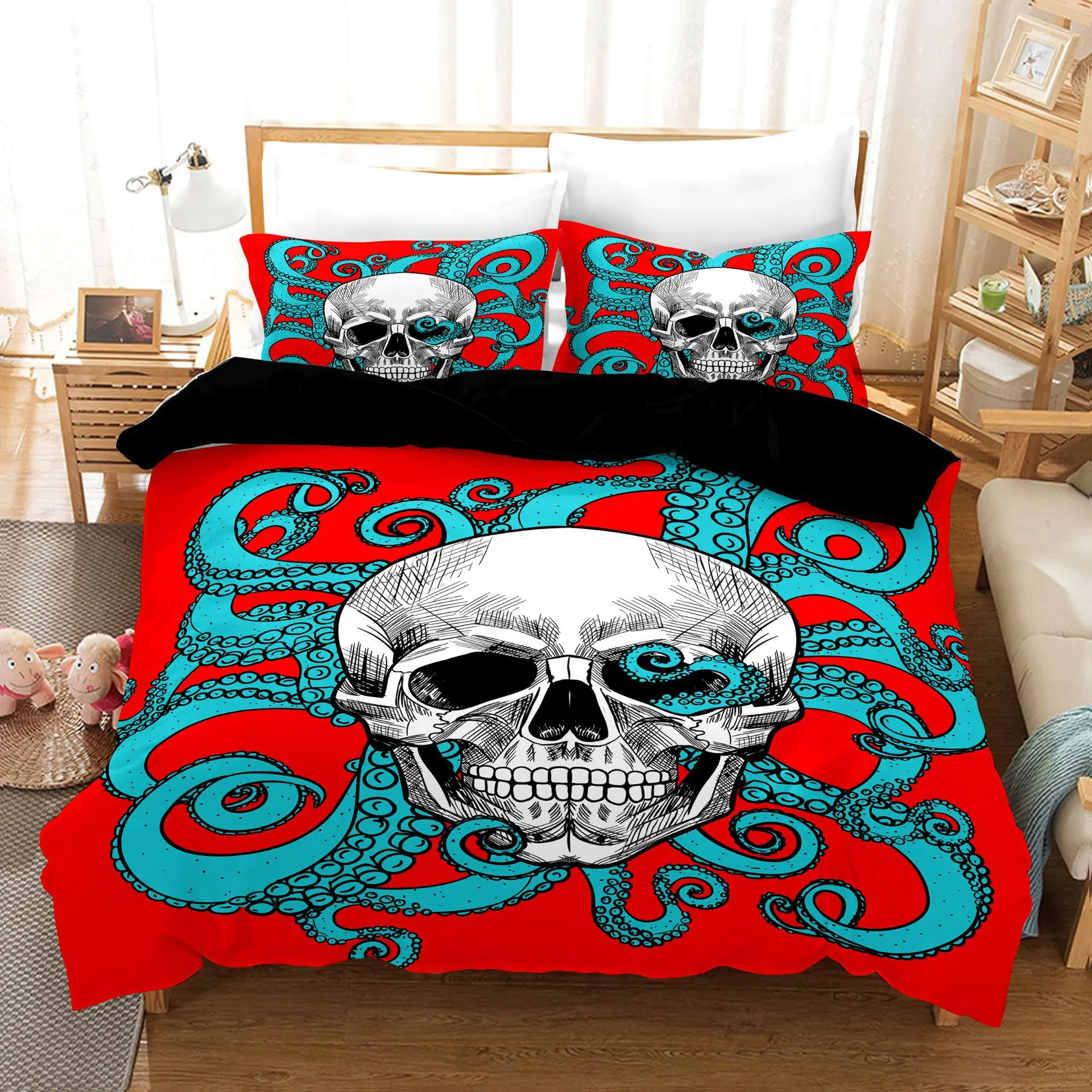 Gothic Style Bedding Set Skull Cthulhu Tentacle Print Cozy Duvet Cover King Queen Twin Size Birthday Gift for Bedroom Decor