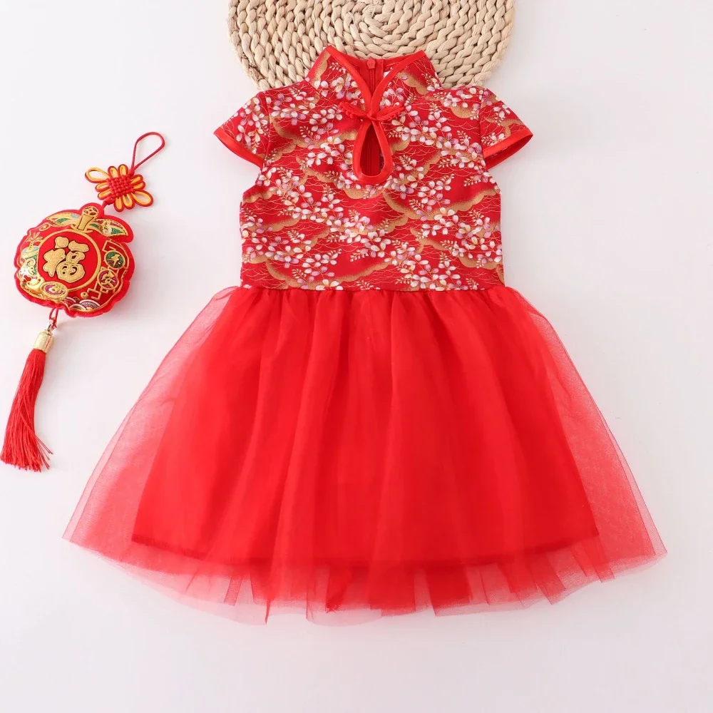 Red Girl Summer Dress Qipao Chinese Fashion Performance Kids Cheongsam Baby Mesh Princess Dresses Children Clothing Vestidos