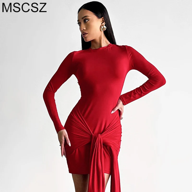 MSCSZ O-Neck Long Sleeve Mini Dress Woman Lace-Up Draped Bodycon Dress Elegant Sexy Short Party Club Dress Red Black