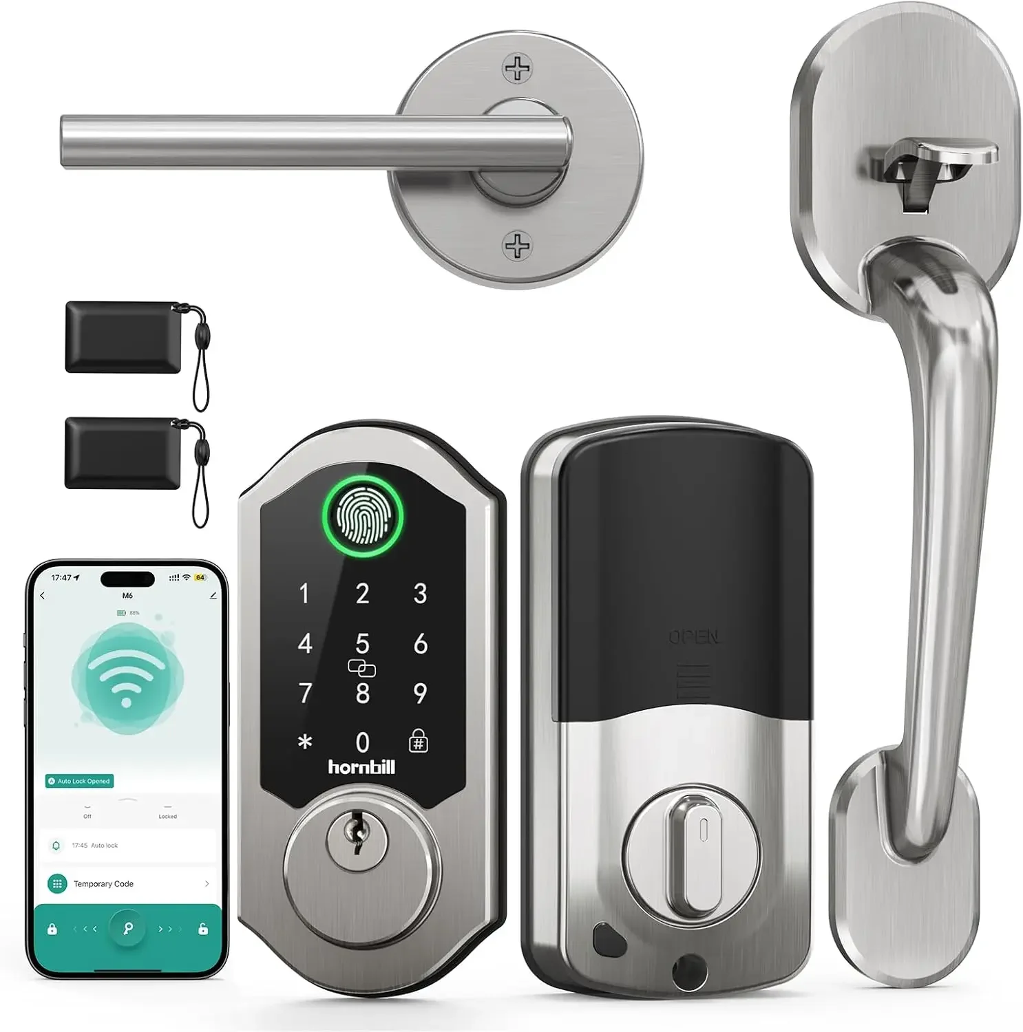 

Smart Door Lock Set: WiFi Deadbolt with Handles, Keypad, Fingerprint, Heavy Duty Satin Nickel