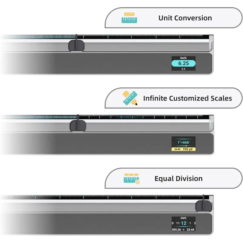 home. Régua de escala digital NeoRuler, régua de escala inteligente de 12 polegadas com escalas personalizadas infinitas e precisão de ± 0,004 polegadas, 93 construídas