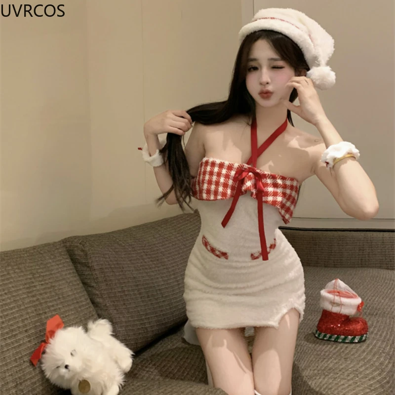 Winter Kawaii Lolita Christmas Party Dress Women Plaid Patchwork Off Shoulder Dresses Korean Fashion Sweet Plush Bodycon Dresses