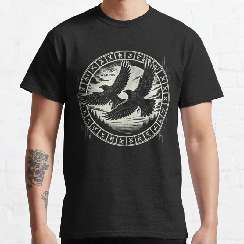 

Hugin & Munin – Odin's Ravens and the Nordic Runes Norse Mythology Viking Gift T-Shirt 100% cotton tee Walhalla Graphic clothes