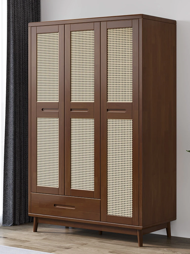 Solid Wood Rattan Wardrobe Japanese Style Wardrobe Bedroom B & B Furniture 2 Three Door Wardrobe Storage Home Cabinet