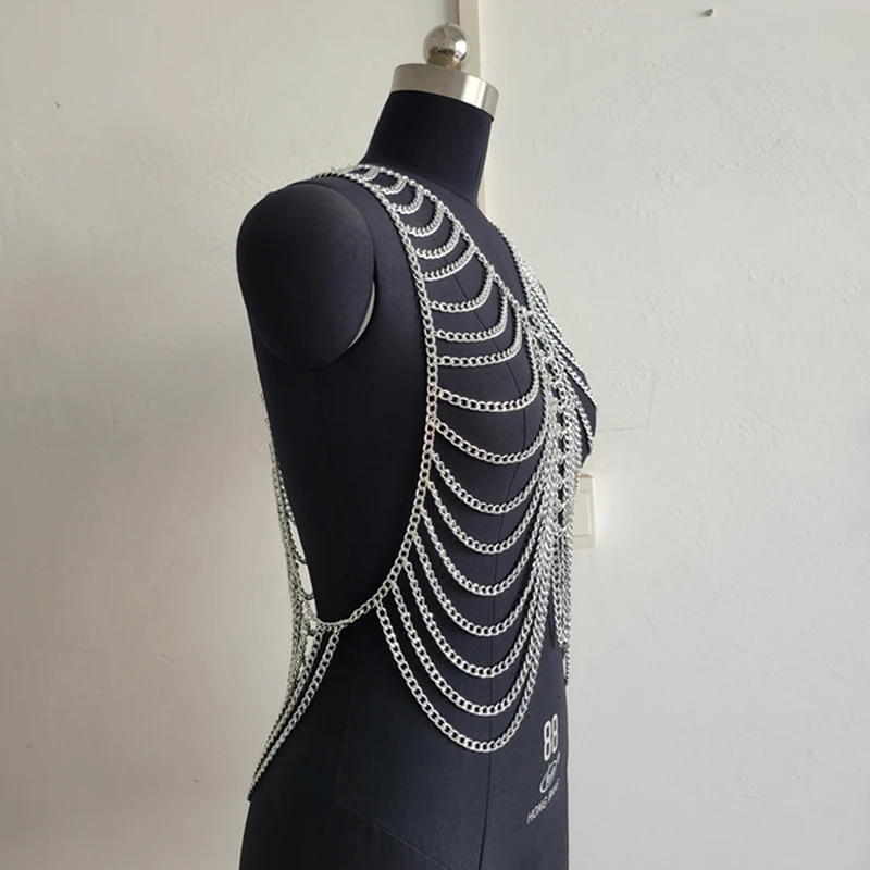 Punk Stil Tank Top Männer Kleidung Multi-Schicht Metall Quaste Körper Kette Ärmellose Gold Silber Weste Mann Crop Tops Großhandel preis C – Detail 7