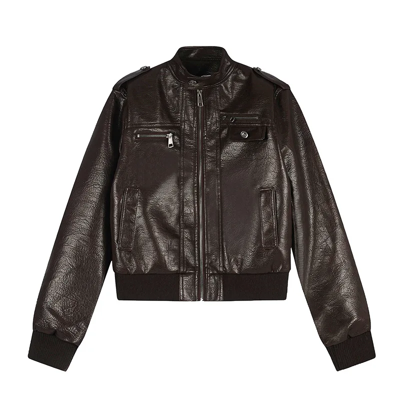 Cropped Stand Loose Collar Faux Leather Jacket For Men Women Multi Zip Pocket Vintage Biker Coat Sweet Cool Autumn ToVWRY