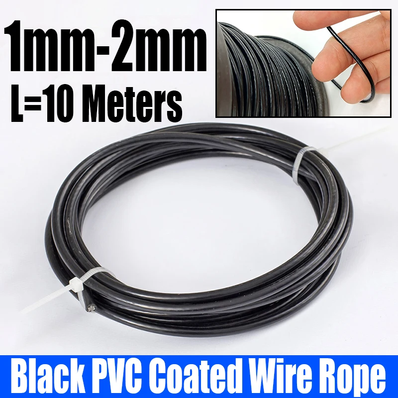 L=10 Meters Diameter 1mm-2mm 304 Stainless Steel Black PVC Coated Wire Rope 7*7 Structure Soft Wirerope Steel Wire