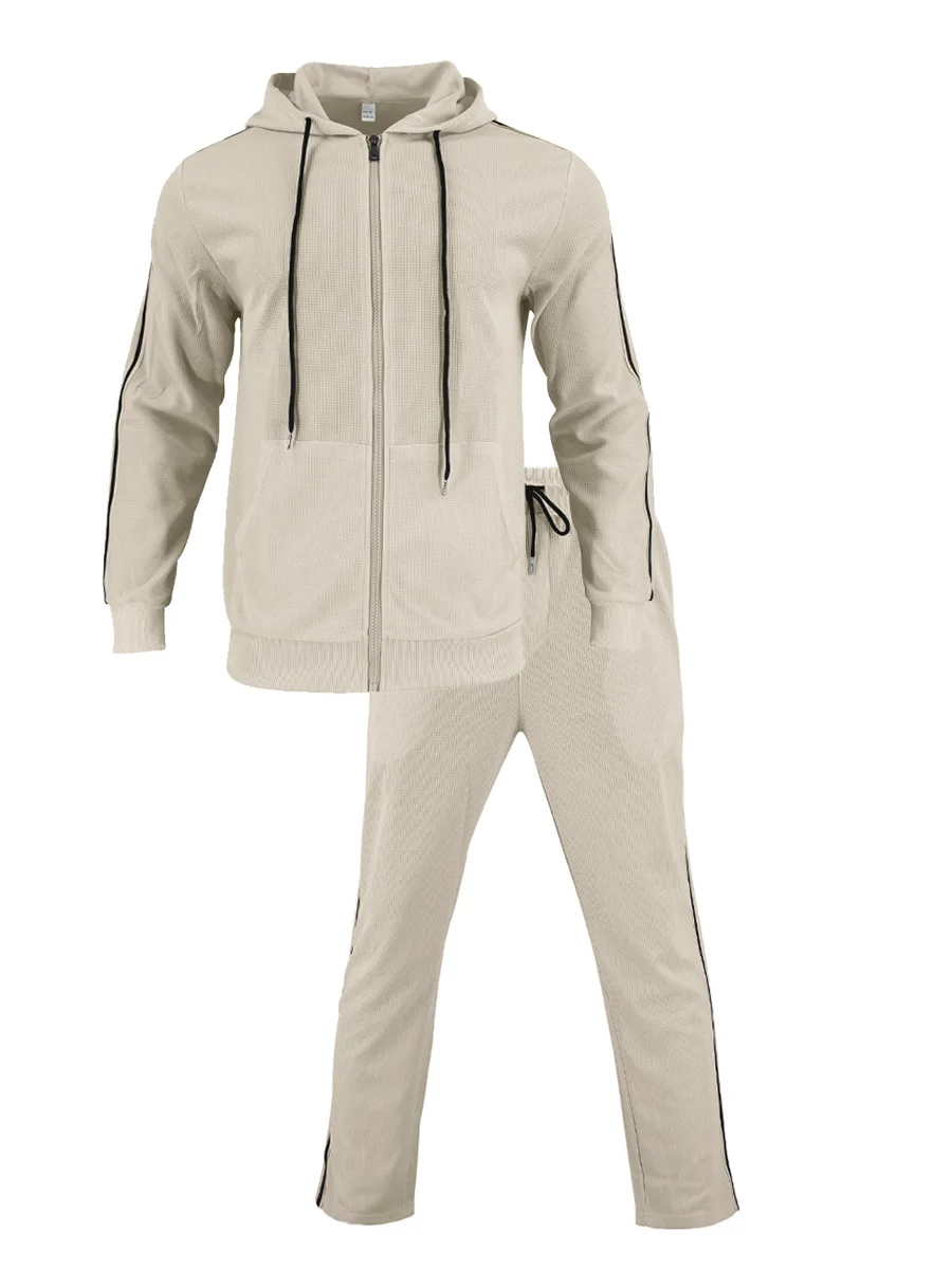 New men's outdoor sports casual hooded cardigan set - autumn fashion trend - pocket lace long-sleeved long pants two-piece set