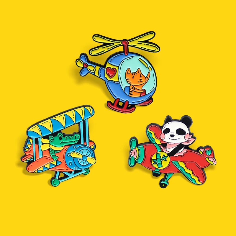 Cartoon Plane Enamel Pin Crocodile Panda Cat Kittens Driver Pilot Funny Color Aircraft Brooches Lapel Badge Jewelry for Kids