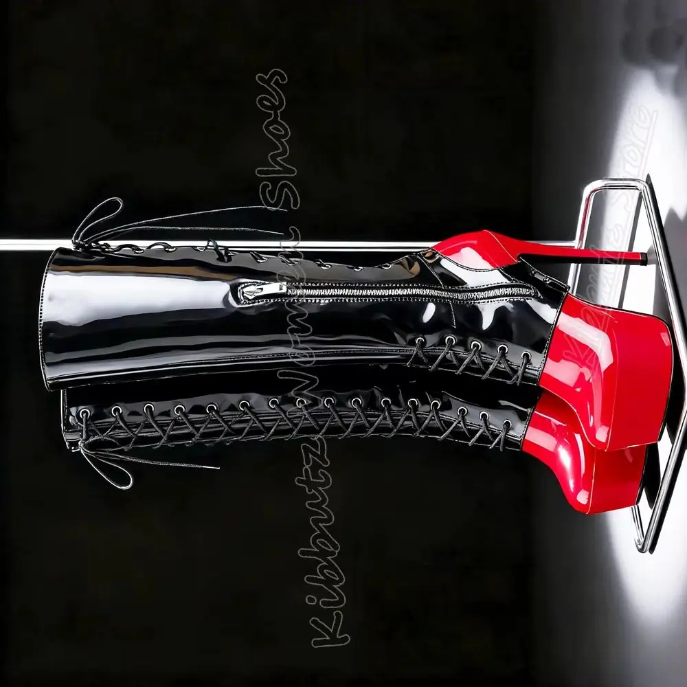 

Over The Knee Boots Platform Spicy Girls Lace-Up Belt Buckle Leather Mixed Color Fashion Luxury Elegant Shoes Concise Thin Heels