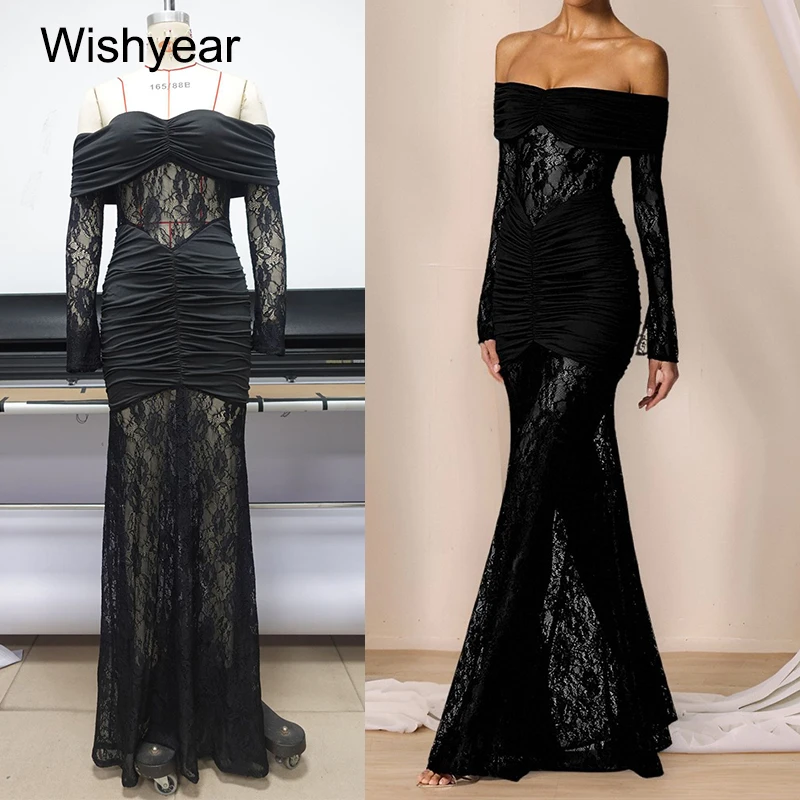 Wishyear Women's Lace See-Through Off-Shoulder Long-Sleeve Mermaid Maxi Dress Backless Bodycon Sexy Black Birthday Gowns Vestido