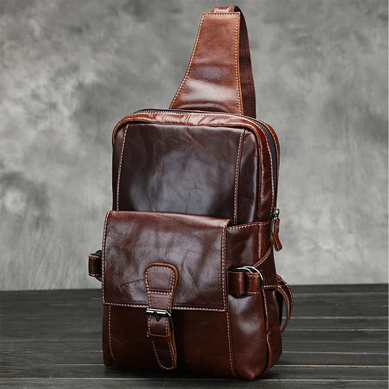 Men Genuine Leather Large Capacity Sling Chest Back Pack Top Quality Messenger Shoulder Bags Oil Wax Cowhide Travel Day