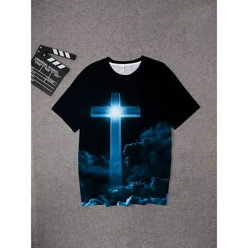 3D Digital Print Vintage Men T Shirt Cross Pattern Summer Short Sleeve Casual Streetwear Oversized Tee Blue Top 2026 Fashion