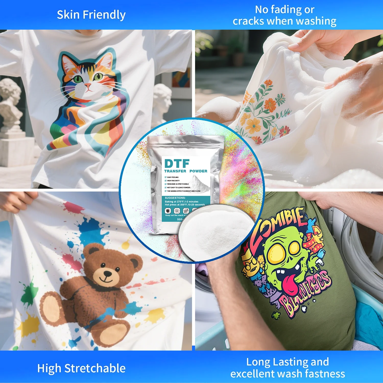 ผง DTF สีขาว - 500 กรัม/17.6 ออนซ์ กาวร้อนแบบดิจิตอลสำหรับการถ่ายโอน, ผงสำหรับการถ่ายโอนที่ผ่านการเตรียมไว้ล่วงหน้าสำหรับผ้าทุกชนิด