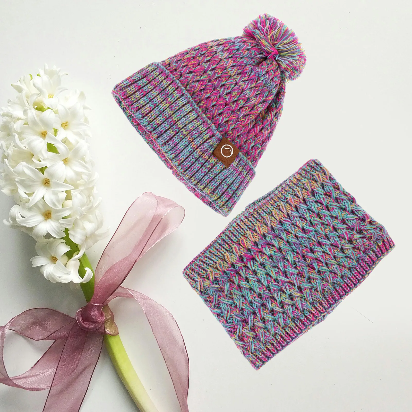 صوف مبطن قبعة الشتاء قفازات وشاح مجموعة بوم بوم قبعة محبوك الرقبة أدفأ قفازات كاملة الأصابع في الهواء الطلق البنفسجي #1