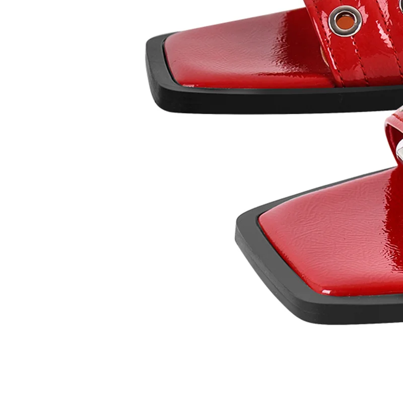 Onlymaker Female Square toe Flat Sandals Red Belt Buckle Slingback Flats Punk Retro Mary Jane Summer Women Shoes
