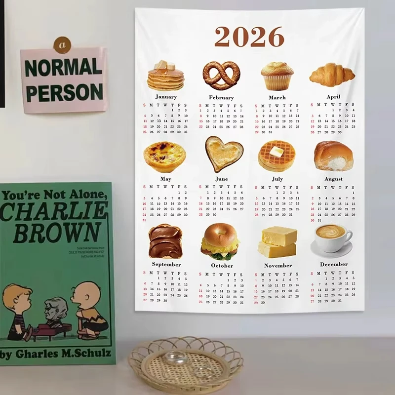 Neujahrs-Wandteppich 2026, Kalender-Design, Wohnheim, Raumdekoration, Schlafzimmer, Wandbehang, Ins-Stil, Hintergrundstoff für Wanddekoration