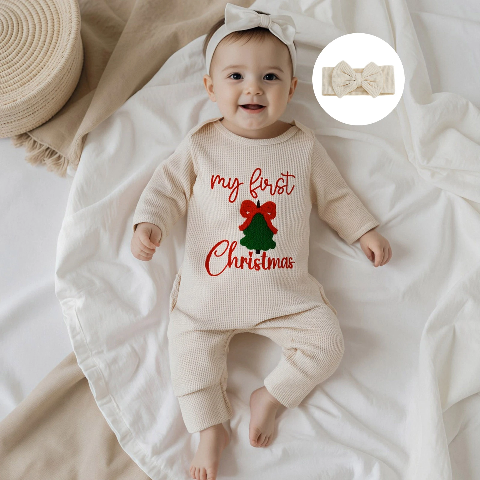 Newborn Girls Christmas Romper Letter Embroidery Long Sleeve Round Neck Waffled Jumpsuit with Bow Headband