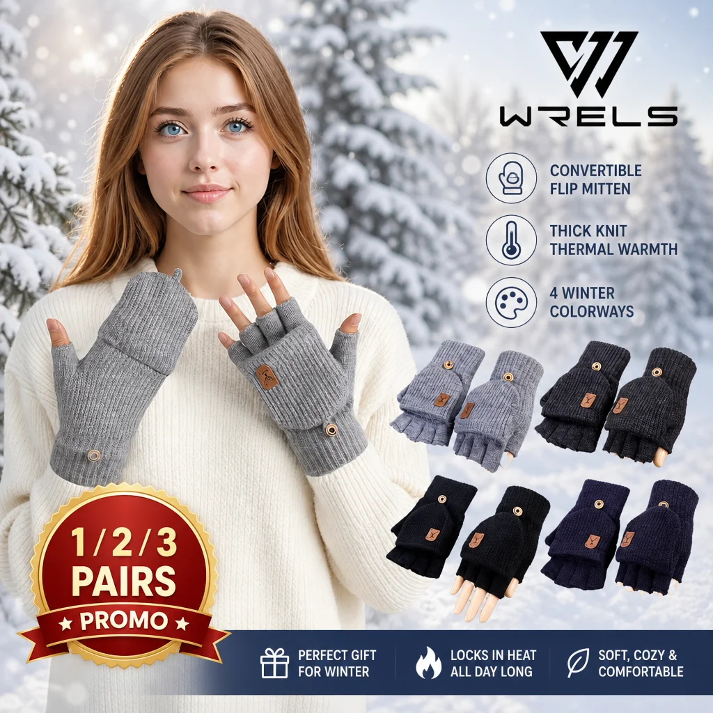 Winter Flip Top Gloves Thermal Knitted Mittens Fingerless Typing Gloves Warm Fleece Lining Men Women Outdoor Driving Mitt