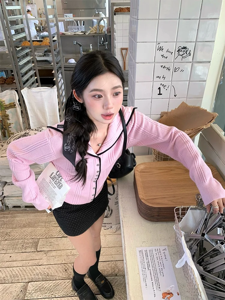 

Circle Cooky School Return Korean Women's Lazy Navy Collar Open Cardigan Sweater Color Blo Sweet Sle Long Sve Top