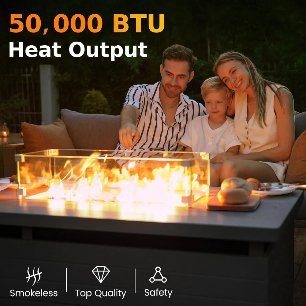 51 Inch Fire Pit Table 50000BTU Propane Rectangle Sliding Tank Holder Glass Wind Guard Removable Lid CSA Certified Gray