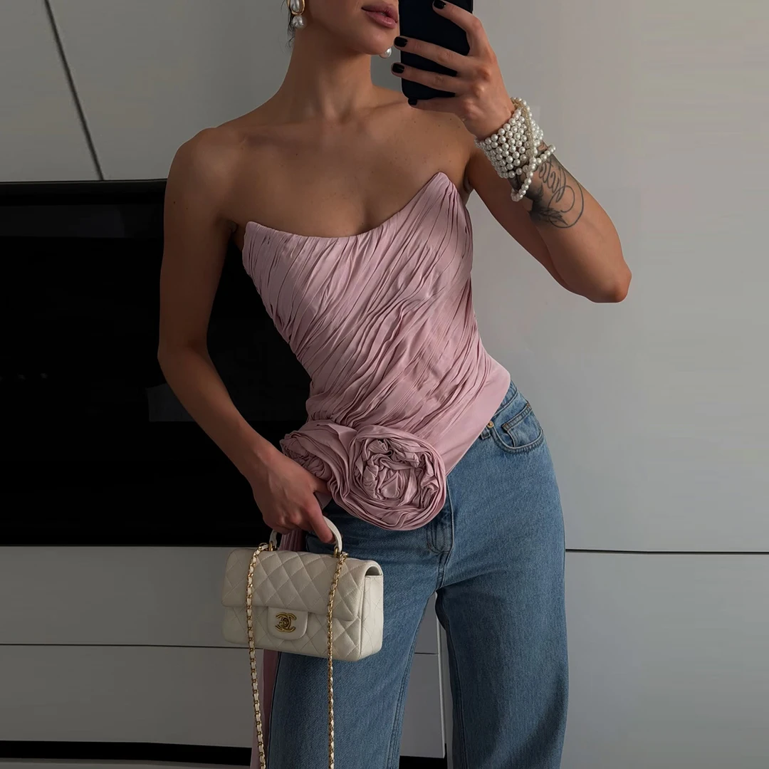 Pink Strapless Satin Long Draped Top Women Summer Y2K Aesthetic Ruched Bustier Longline Crop Top Sexy Party Clubwear Street Styl