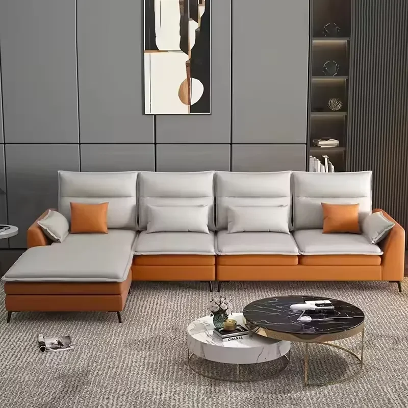Modern Two-Tone PU Leather L-Shaped Sofa with Recliner and Metal Legs for Living Room Furniture