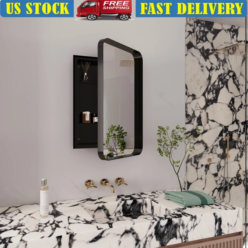 

Recessed Medicine Cabinet with Mirror Adjustable Shelves Stainless Steel Frame Black Wall Storage Bathroom Decor